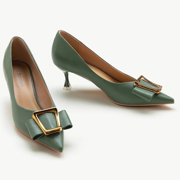 C. Paravano Shoes - C. PARAVANO Olivia Green Metal Tie Pointed Toe Kitten Heel Pumps Shoes
42 / 11.5
